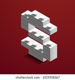 Realistic white 3d isometric letter S of the alphabet from constructor lego bricks. White 3d isometric plastic letter from the lego building blocks. Lego letters. 3d letters. 3d design