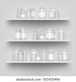 Realistic white 3d medicine blank bottle for pills on pharmacy shop shelves display vector template. Set of containers for medication and drugs illustration