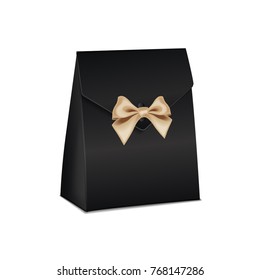 Realistic white 3d model black cardboard gift box. Empty product container template, vector illustration for your design
