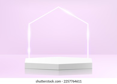 Realistic white 3D polyhedron pedestal podium with glowing neon polyhedron on purple background. Abstract minimal scene for mockup products, stage for showcase, promotion display. Vector