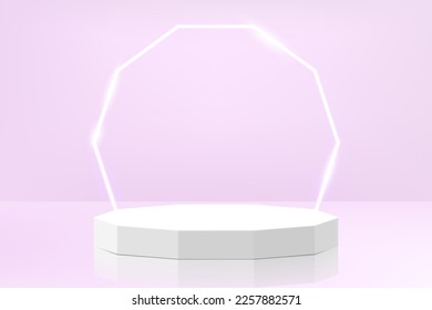 Realistic white 3D polyhedron pedestal podium with glowing neon polyhedron on purple background. Pastel minimal wall scene for products stage showcase, Promotion display. Vector geometric rendering