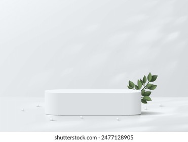 Realistic white 3D round podium background with green leaf, natural light wall scene. Minimal mockup abstract cosmetic product display presentation, Stage showcase. Platforms vector geometric design.