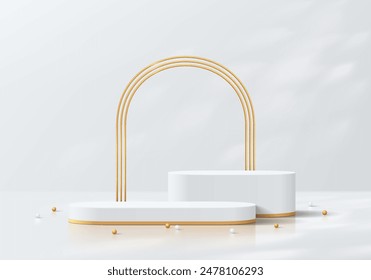 Realistic white 3D round podium  set background with golden arch frames scene. Minimalist 3D mockup pedestal, Abstract product display presentation, Stage showcase. Platforms vector geometric design.