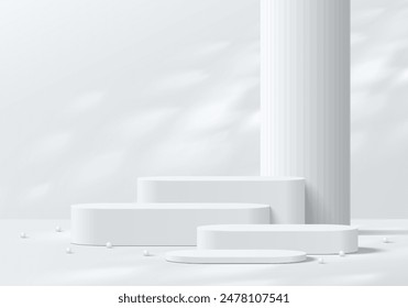 Realistic white 3D round podium background with leaf shadow, Huge pillar scene. Minimalist 3D mockup pedestal, Abstract product display presentation, Stage showcase. Platforms vector geometric design.