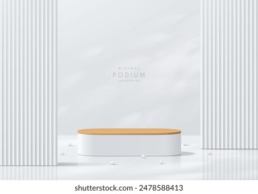 Realistic white 3D round podium background with wood top, Partition, leaf light scene. Minimal mockup abstract cosmetic product display presentation, Stage showcase. Platforms vector geometric design.