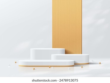 Realistic white 3D round podium  set background with gold backdrop partition scene. Minimalist mockup pedestal, Abstract product display presentation, Stage showcase. Platforms vector geometric design