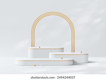 Realistic white 3D round podium set background with gold arch frame backdrop scene. Minimalist mockup pedestal, Abstract product display presentation, Stage showcase. Platforms vector geometric design