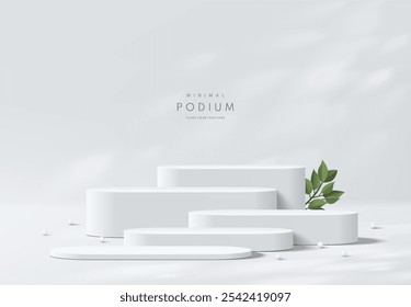 Realistic white 3D round podium set background with green leaf, Window light scene. Minimalist mockup pedestal, Abstract product display presentation, Stage showcase. Platforms vector geometric design