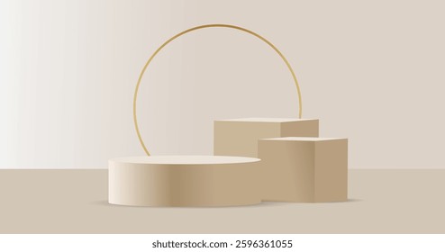 Realistic white 3D round podium background with wood top, Green palm leaf scene. Minimalist 3D mockup abstract cosmetic product display presentation, Stage showcase. Platforms vector geometric design.