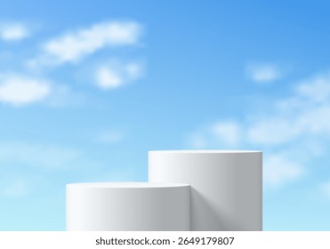 Realistic white 3D round podium set background with blue sky, White cloud scene. Minimalist mockup pedestal, Abstract product display presentation, Stage showcase. Platforms vector geometric design.