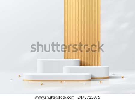 Realistic white 3D round podium  set background with gold backdrop partition scene. Minimalist mockup pedestal, Abstract product display presentation, Stage showcase. Platforms vector geometric design