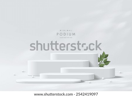 Realistic white 3D round podium set background with green leaf, Window light scene. Minimalist mockup pedestal, Abstract product display presentation, Stage showcase. Platforms vector geometric design