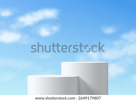 Realistic white 3D round podium set background with blue sky, White cloud scene. Minimalist mockup pedestal, Abstract product display presentation, Stage showcase. Platforms vector geometric design.