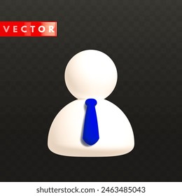 Realistic white 3d user icon. Human person symbol with blue tie in cartoon style isolated on black background. Social network profile badge, abstract business avatar for website. Vector illustration