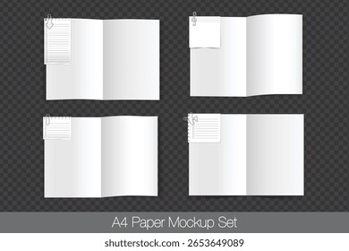 Realistic white A4 Landscape-oriented page with a center fold and blank white torn paper notes attached to Paper by golden paper clips. Vector (EPS) paper mocap set isolated on transparent background