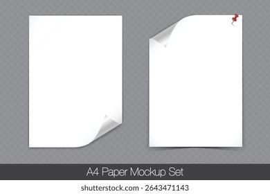 Realistic white A4 Paper Mockup Set with coiled and folded edges pinned with red push pins. Vector (EPS) paper templates with soft realistic shadow isolated on transparent background, easy to edit