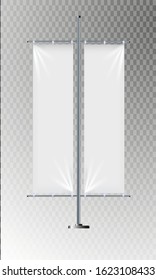 Realistic white advertising textile flags and banners vector . Advertising flag banner and fabric canvas poster for advertising illustration on transparent becgraund. Vector illustration in EPS 10.
