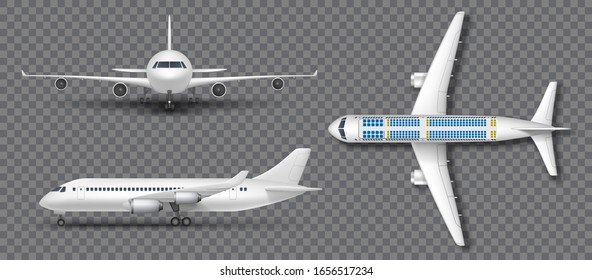 Realistic White Airplane, Airliner Isolated. Airplane In Profile, From The Front And Top View. Travel Passenger Plane Mockup Set. Vector Illustration