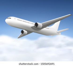 Realistic white airplane flying in blue sky with clouds, 3D mockup of jet passenger aircraft seen from side view, blank design template vector illustration