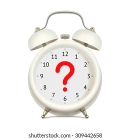 Realistic white alarm clock without digits on clock face, with red question mark in the center, on white background. Uncertainty concept