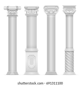 Realistic white antique roman column vector set. Building stone columns. Antique building architecture column illustration