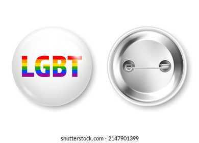 Realistisches weißes Schild mit LGBTQ-Regenbogenflagge. Lesbisch, schwul, bisexuell, transgender Liebessymbol, Stolz Monat. 3D-glänzender Rundknopf. Pin-Badge-Modell. Vektorgrafik