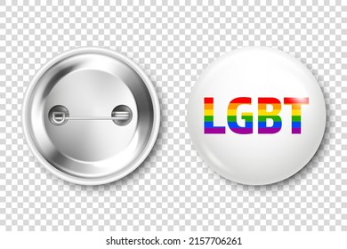 Realistic White Badge With LGBTQ Rainbow Flag. Lesbian, Gay, Bisexual, Transgender Love Symbol, Pride Month. 3D Glossy Round Button. Pin Badge Mockup. Vector Illustration