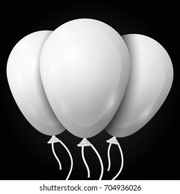 Realistic white balloons with ribbon isolated on black background. Vector illustration of shiny colorful glossy balloons