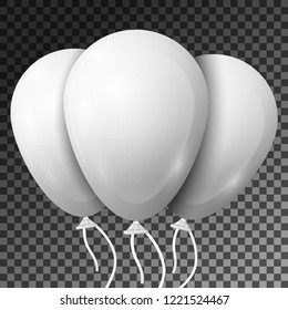 Realistic White Balloons with ribbons isolated on transparent background. Vector illustration of shiny colorful glossy balloons for Birthday party