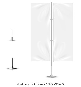 Realistic white banner flag 3d mockup. Textile waving advertisement banner flag.