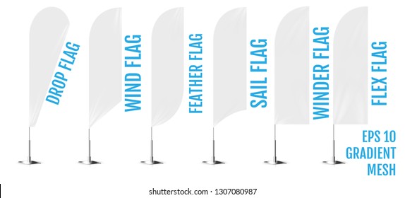 Realistic white banner flags 3d mockup. Textile waving advertisement banner flags.