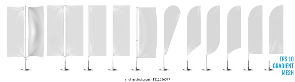 Realistic white banner flags 3d mockup. Textile waving advertisement banner flags.