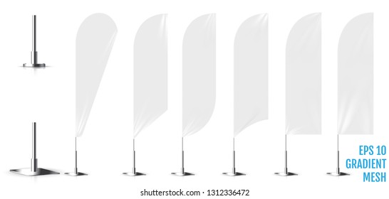 Realistic white banner flags 3d mockup. Textile waving advertisement banner flags.