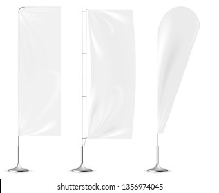 Realistic White Banner Flags 3d Mockup. Textile Waving Advertisement Banner Flags.