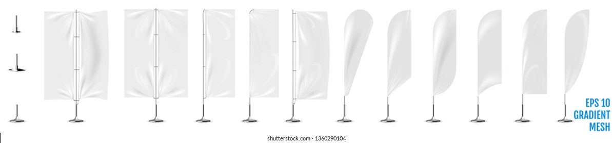 Realistic white banner flags 3d mockup. Textile waving advertisement banner flags.