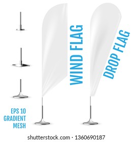 Realistic white banner flags 3d mockup. Textile waving advertisement banner flags.