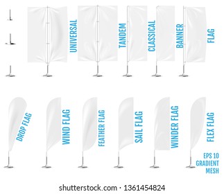 Realistic white banner flags 3d mockup. Textile waving advertisement banner flags.