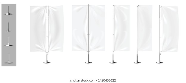 Realistic white banner flags 3d mockup. Textile waving advertisement banner flags.