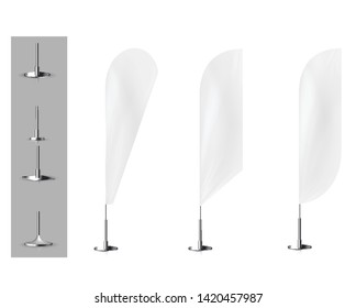 Realistic white banner flags 3d mockup. Textile waving advertisement banner flags.