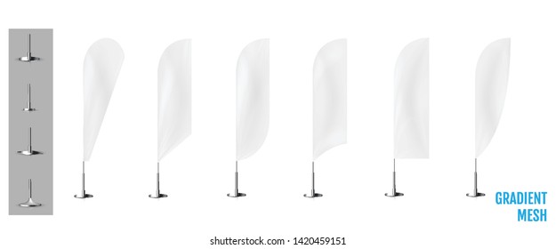 Realistic white banner flags 3d mockup. Textile waving advertisement banner flags.