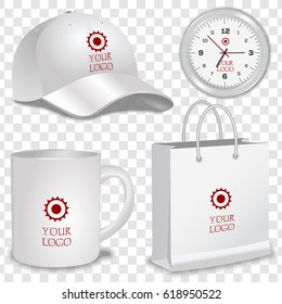 Realistic white Baseball Cap, classic white round wall Clock, Paper Shopping Bag and  White Cup. Isolated on transparent background. Vector illustration