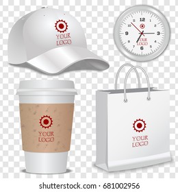 Realistic white Baseball Cap, classic white round wall Clock, Paper Shopping Bag and   Paper Coffee Cup. Isolated on transparent background. Vector illustration