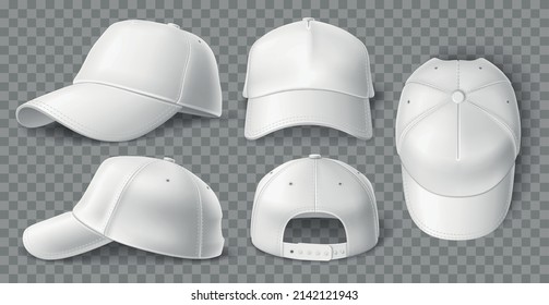 Realistic White Baseball Cap Mockup. 3D Sports Headgear With Sun Protection Visor. Blank Clothing Element. Different View Angles. Empty Headdress Template. Vector Basic