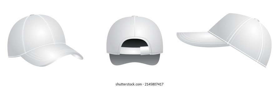 realistic white baseball cap set back front 

and side views on white background. baseball 

cap set sport outdoor hat.
