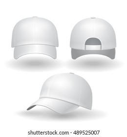 Realistic white baseball cap set. Back front and side view isolated on white background vector illustration