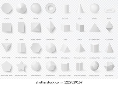 Realistic white basic 3d shapes in top and front view isolated on the alpha transperant background.