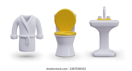 Realistisches weißes Bademantel, Waschtisch, Toilette mit erhöhtem goldenen Deckel. Satz von Farbvektorelementen. Artikel für luxuriöse, moderne Badezimmer. Symbole, Vorlagen für Webdesign