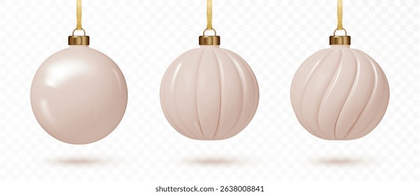 Realistic white baubles for Christmas on red background. Realistic 3D holiday ornaments. Elegant Xmas and New Year tree decorations.