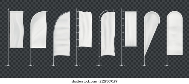 Realistic white beach flag. Advertising cloth banner on vertical flagpole, waving promotion fabric. Vector set