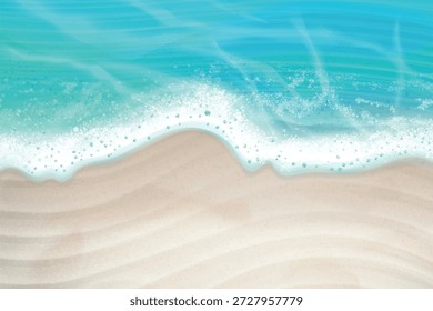 Praia branca realista. Onda oceânica areia vista superior plano de fundo aéreo espuma do mar azul bolhas de água limpa costa de areia verão conceito ilha paraíso e vetor ilustração